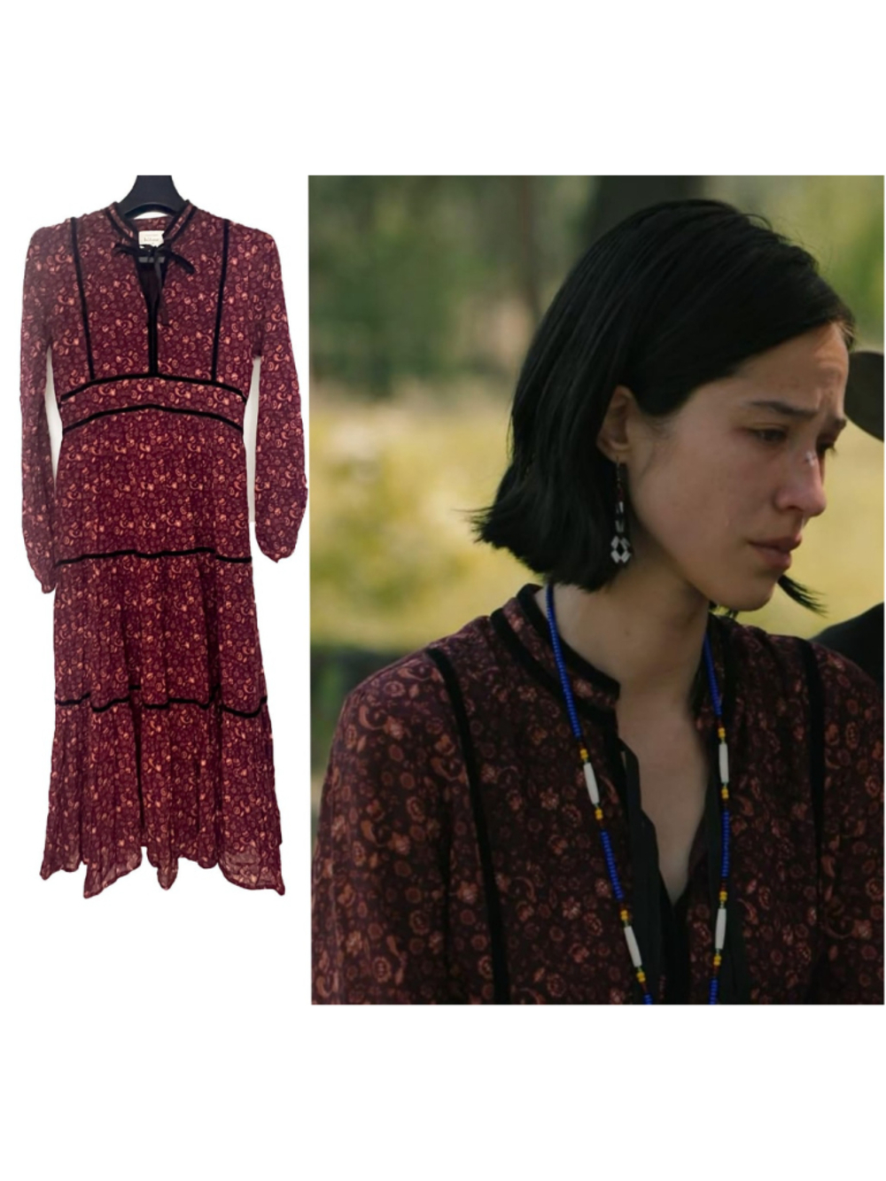 Bohme Maxi Dress Floral Print V-Neck Long Sleeve Tiered Bohemian XS Yellowstone